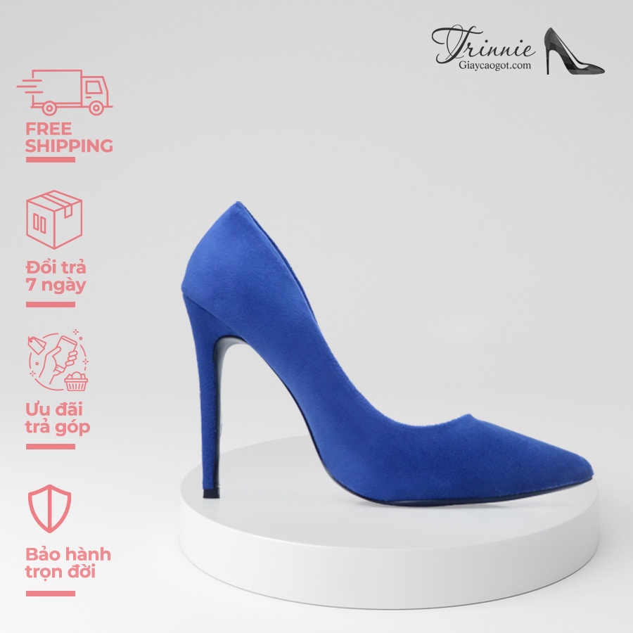 Giày cao gót 9cm Trinnie Pump da PU cao cấp Nhung xanh dương gót nhọn metallic gót đũa " Gót sắt" PGN-NH09XD