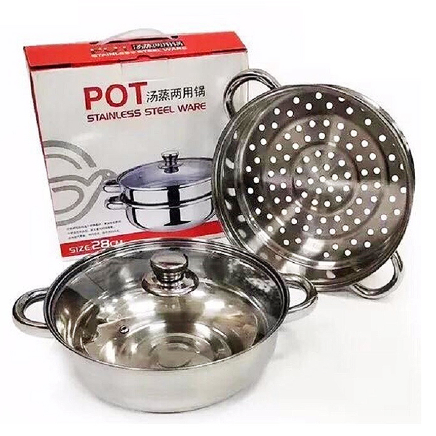 Nồi lẩu kiêm nồi hấp 2 tầng inox nắp thủy tinh cao cấp