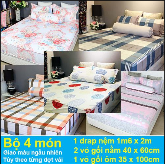 Bộ 4 món: 1 drap nệm (ga nệm) 1m6 x 2m, 1 vỏ gối ôm 35 x 100cm, 2 vỏ gối nằm 40 x 60cm chần bông may viền (Giao màu ngẫu nhiên)