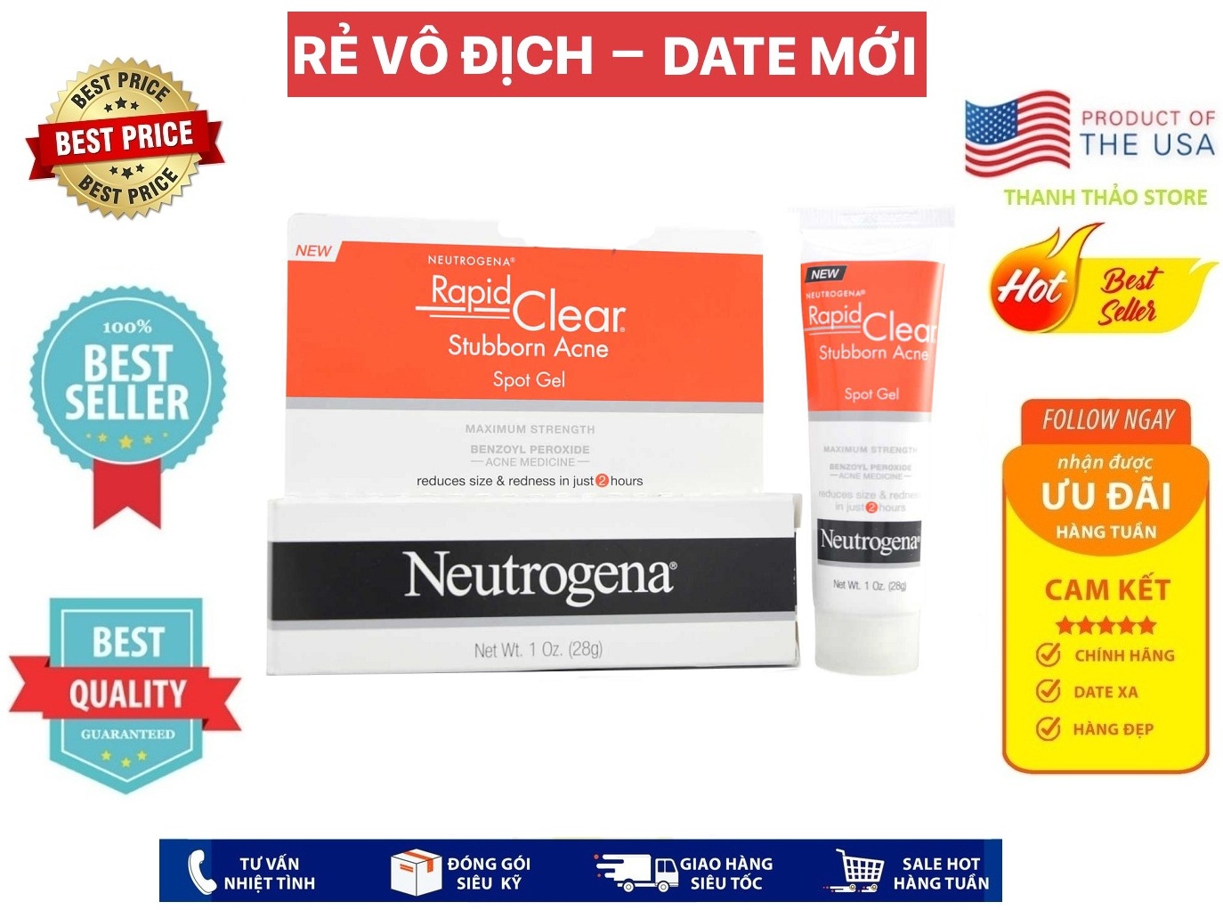 [USA Official] Gel mụn Neutrogena Rapid Clear Stubborn Acne Spot Gel 28g
