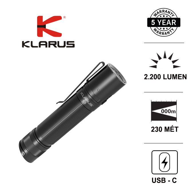 Đèn pin KLARUS E3 EDC nhỏ gọn kiêm tác chiến phản ứng nhanh độ sáng 2200lm chiếu xa 230m cổng sạc Type-C sử dụng pin 5000mAh (kèm theo) Đèn Đèn pin