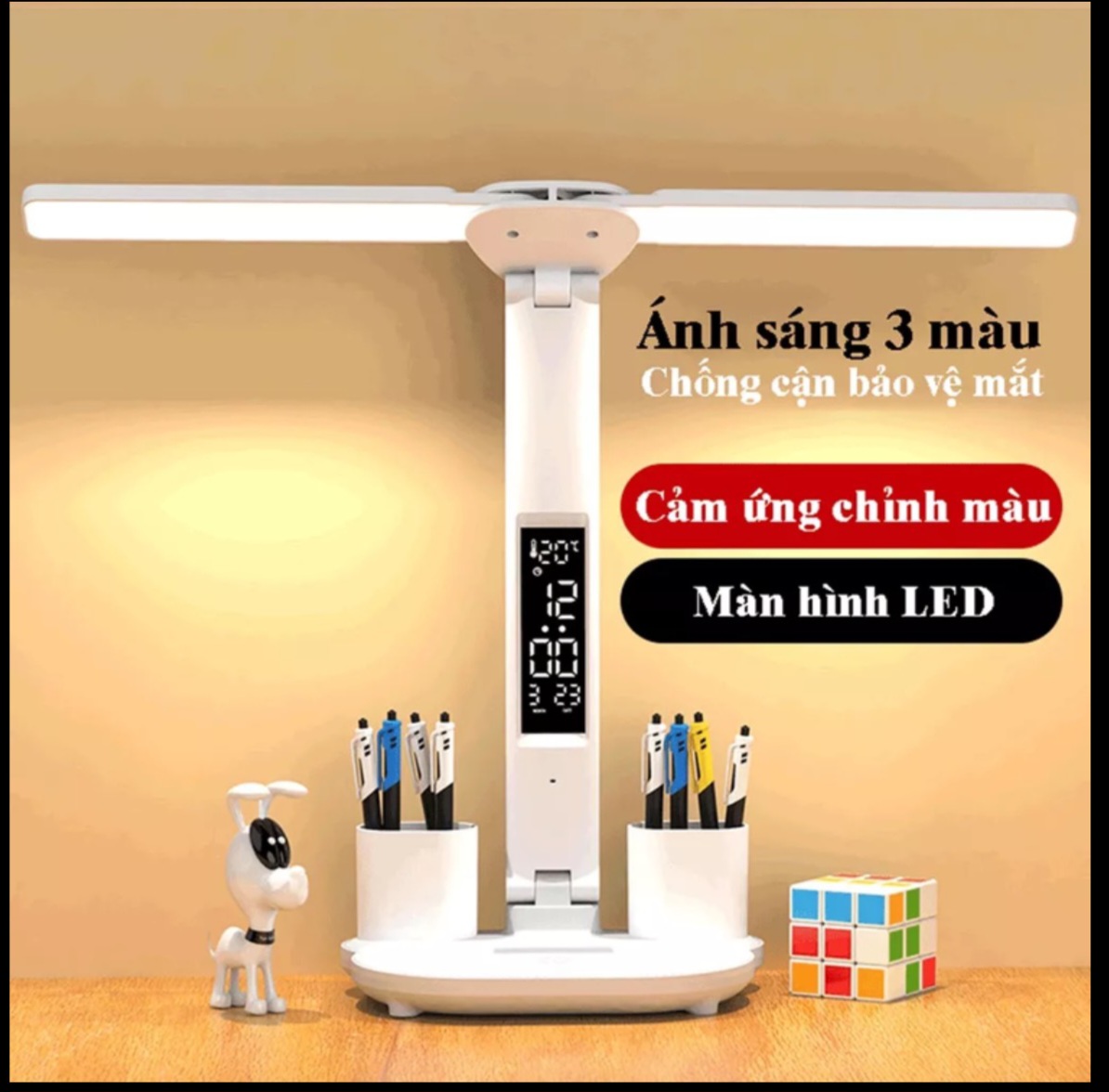 Đèn học LED kép chống cận,3 chế độ chiếu sáng, Tích Hợp Pin, màn hình ngày giờ