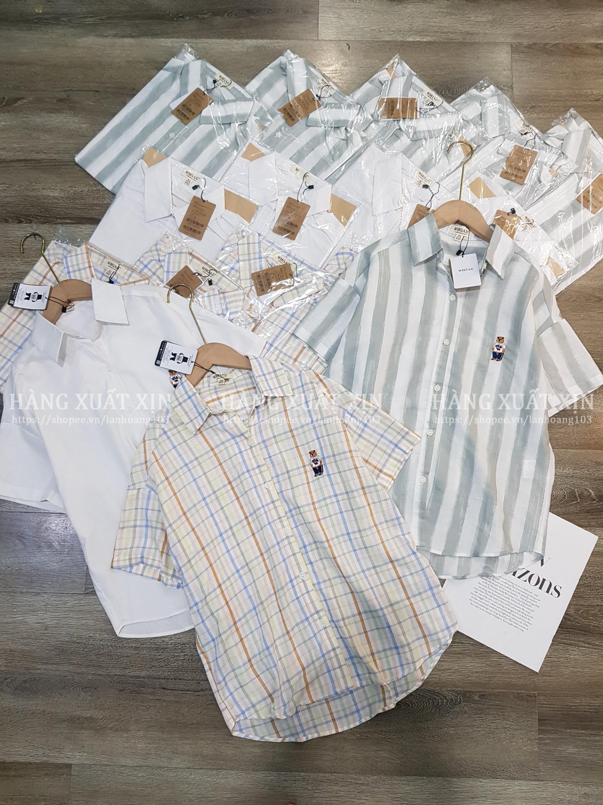 Áo sơ mi cộc tay WHOAU gấu thêu vải linen dư siêu đẹp