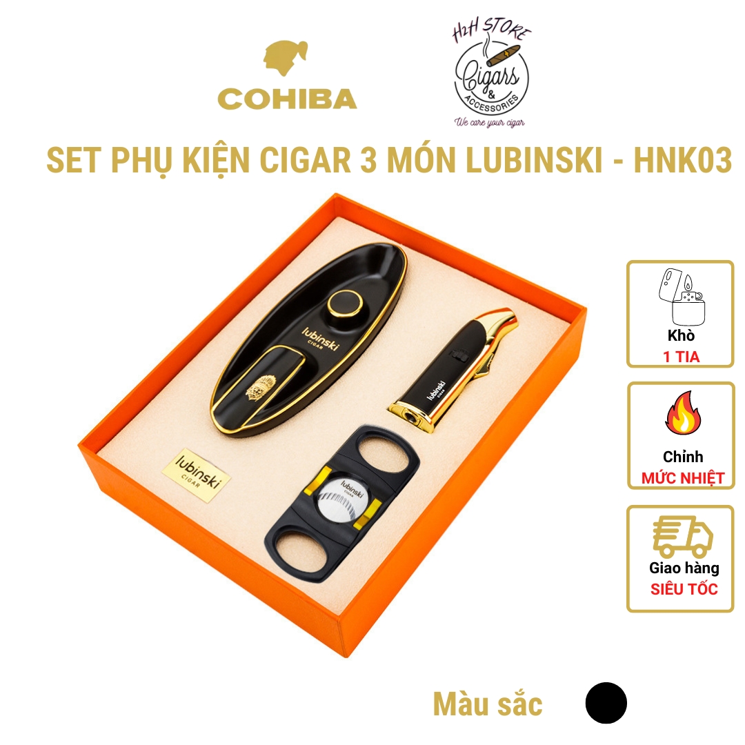 Set khò cắt gạt tàn cigar lubinski - khò, kèm đục - cắt inox - gạt tàn thép - màu đen sang trọng - h2h store