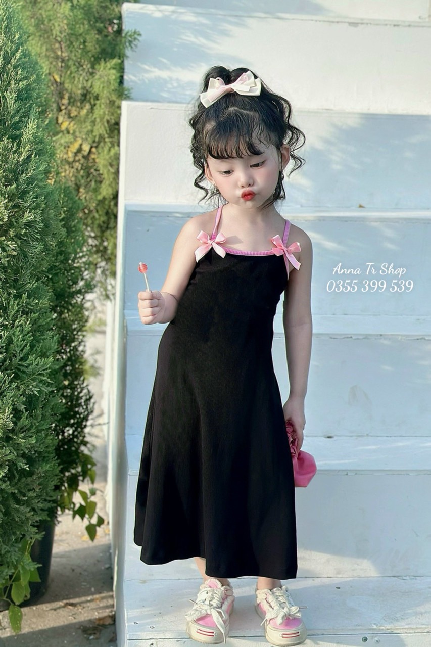 ( Ảnh Thật ) Váy Đầm Dây phối nơ hồng maxi chất thun gân Bé Gái