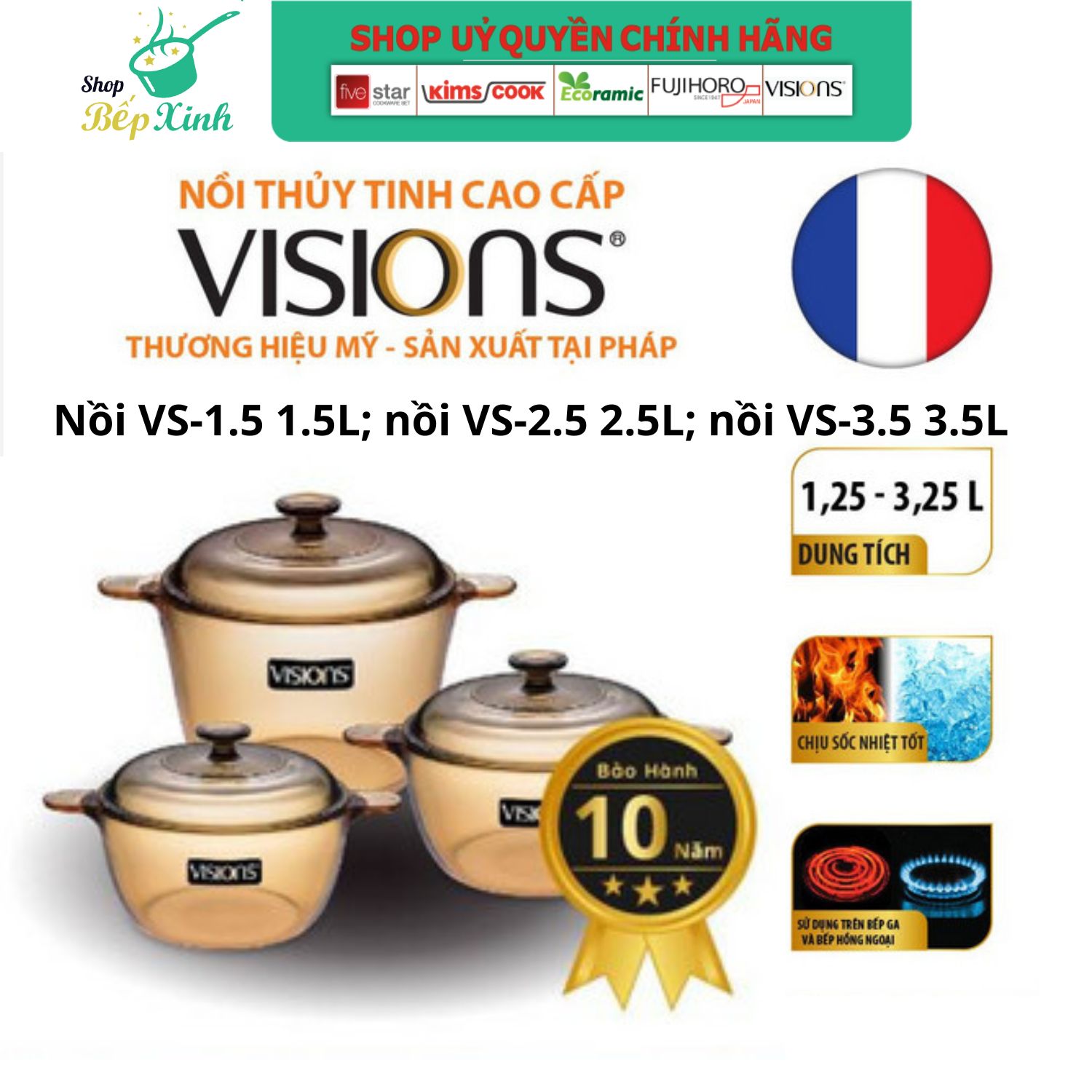 Bộ 3 nồi thủy tinh Visions (loại lớn) cao cấp VS-330- Made in France ( nồi 1.5L, nồi 2.5L và nồi 3.5L )