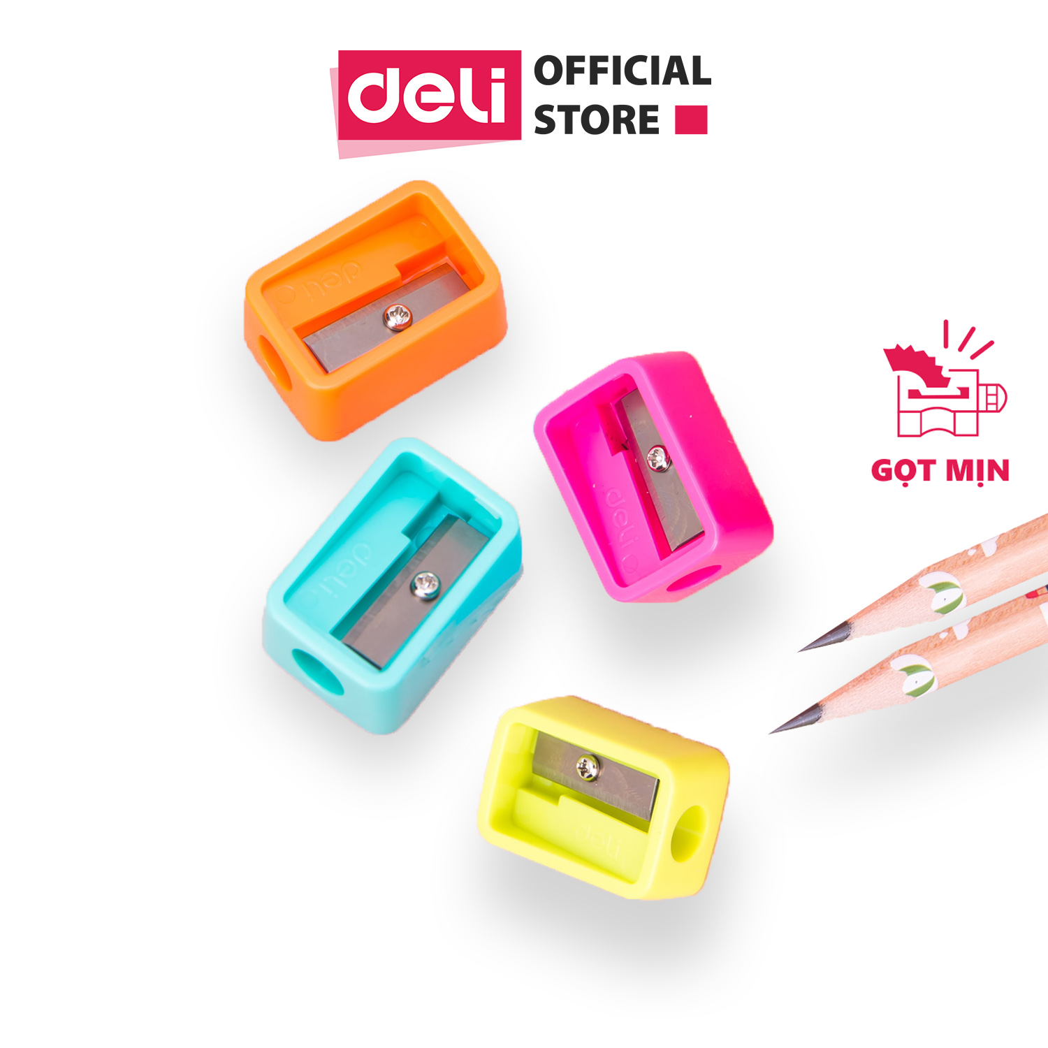Gọt bút chì học sinh mini Deli - gọt sắc, nhỏ gọn, nhiều màu - Hồng, Cam, Xanh dương, Xanh lá - 4 cái màu ngẫu nhiên - E0594