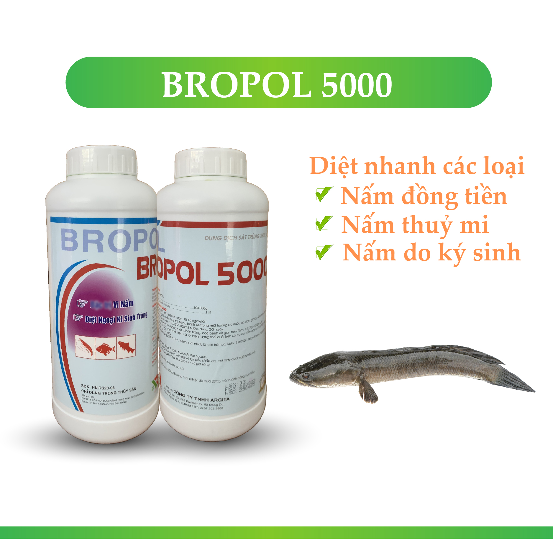 Bropol 5000 diệt khuẩn kí sinh -nấm thuỷ mi - nấm đồng tiền