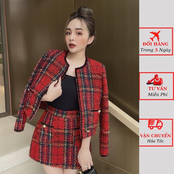 Set dạ tweed nữ kẻ đỏ viền nhung mùa đông kèm chân váy dạ kiểu dáng tiểu thư Hàn Quốc mặc Tết