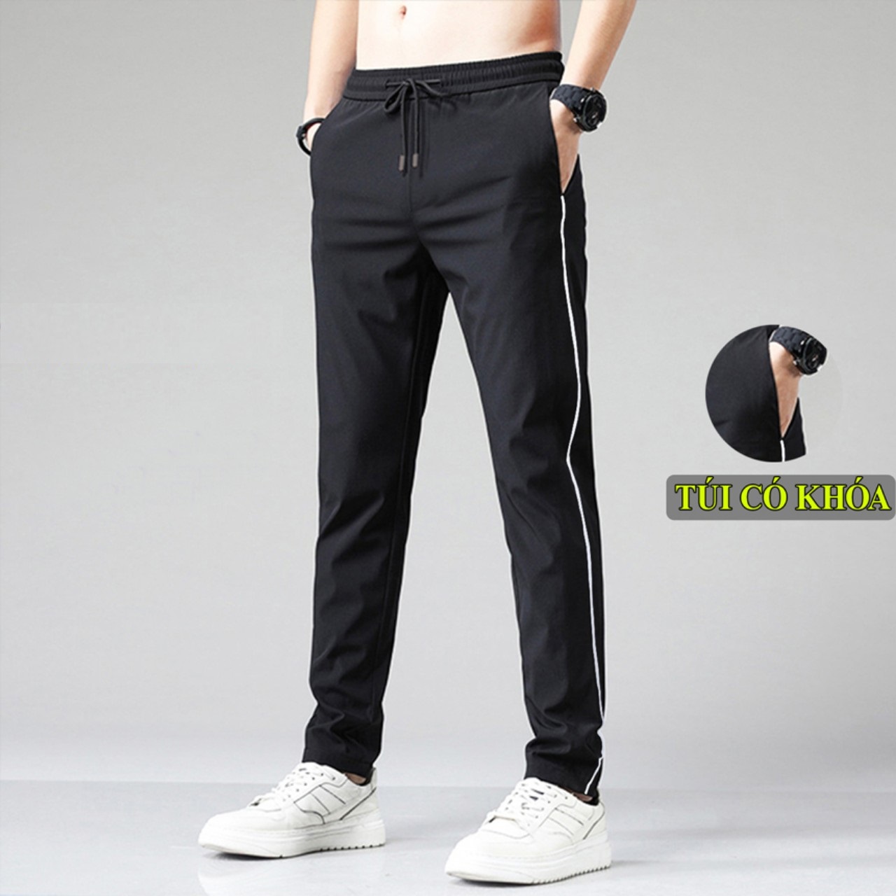 Quần jogger nam 1 sọc thun POLY mịn mát, có big size đến hơn 80kg