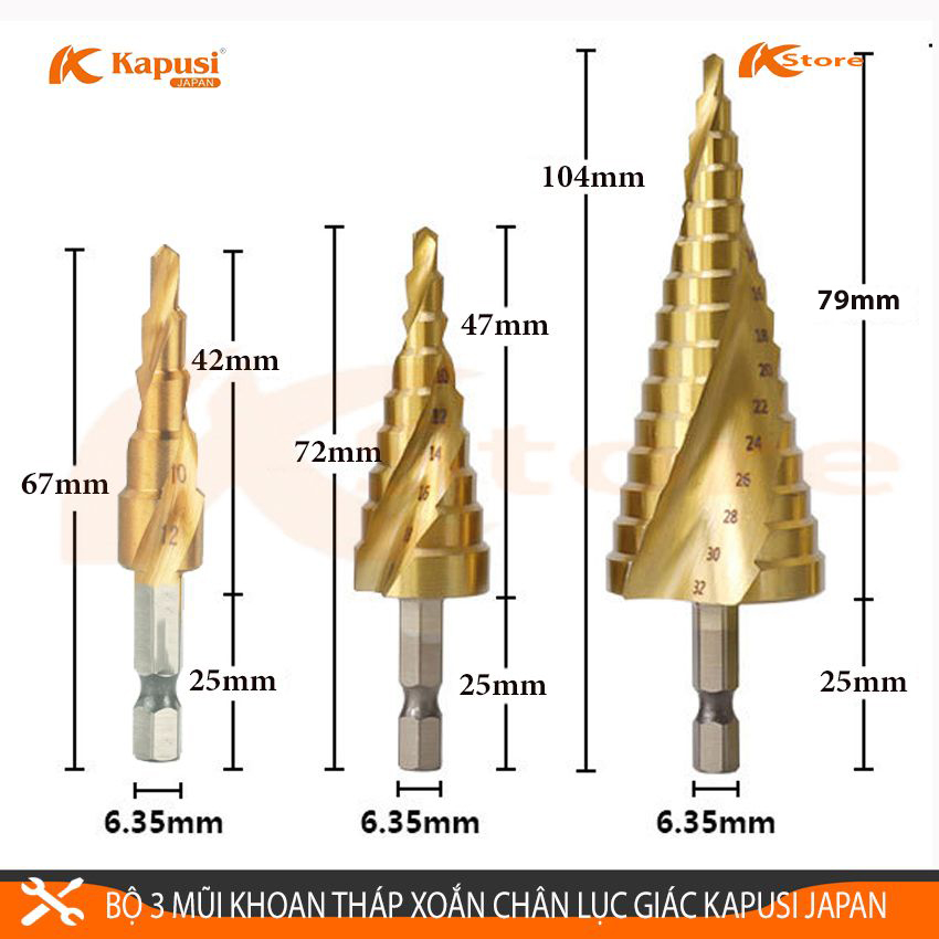 BỘ 3 MŨI KHOAN THÁP XOẮN KAPUSI JAPAN 4-32MM CHUÔI LỤC GIÁC - MŨI KHOAN TẦNG TIÊU CHUẨN NHẬT BẢN - MŨI KHOANG BƯỚC ĐA NĂNG THÉP HSS CAO CẤP