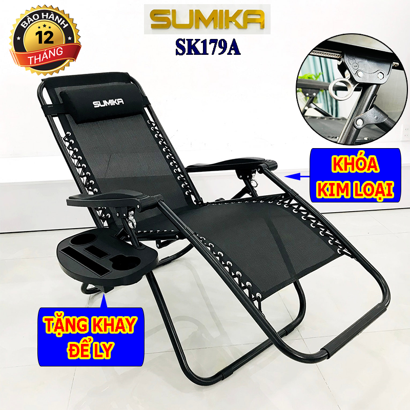 Ghế xếp thư giãn SUMIKA 179A - 179ANEW Khóa bằng kim loại, vải lưới Textilene thoáng khí, tải trọng 200kg, khung ghế bằng thép tròn không gỉ (Tặng khay đựng ly, điện thoại)