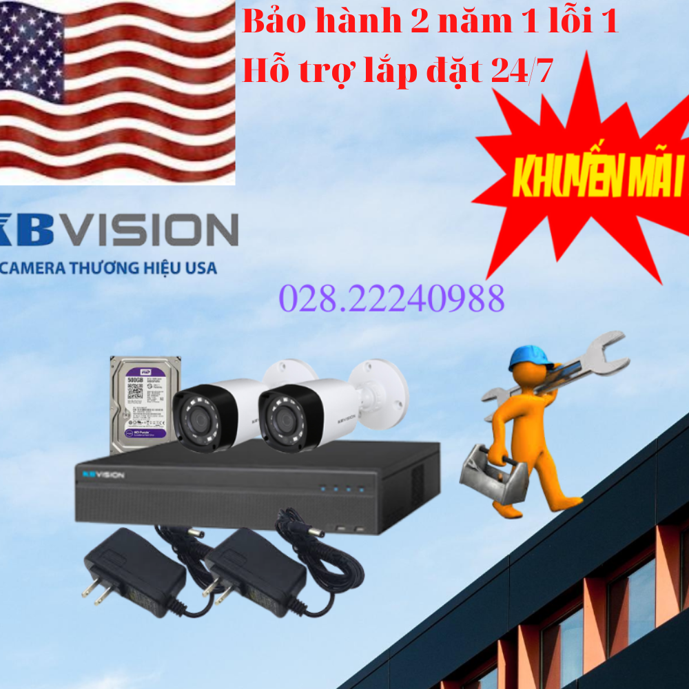Bộ camera KBVISION 2 mắt 3 mắt 4 mắt đền 8 mắt đầy đủ phụ kiện đấu nối sẵn, hàng chính hãng