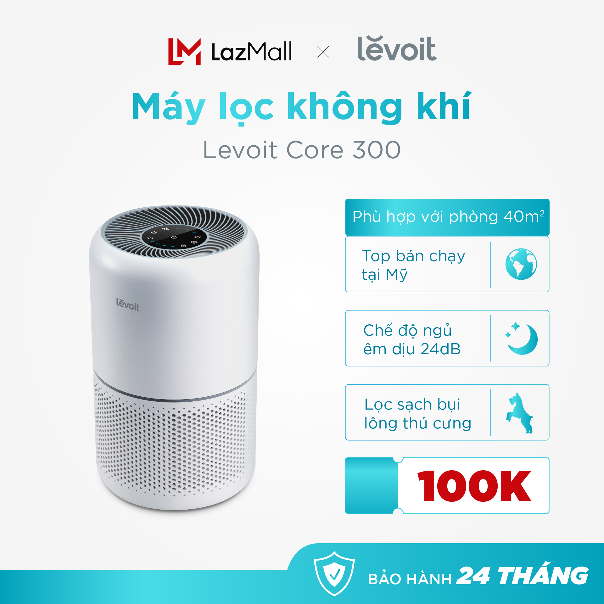 Máy Lọc Không Khí Levoit Core 300 40m2 - bộ lọc HEPA H13 lọc bụi mịn - kháng Khuẩn - báo hiệu khi phải thay lõi lọc