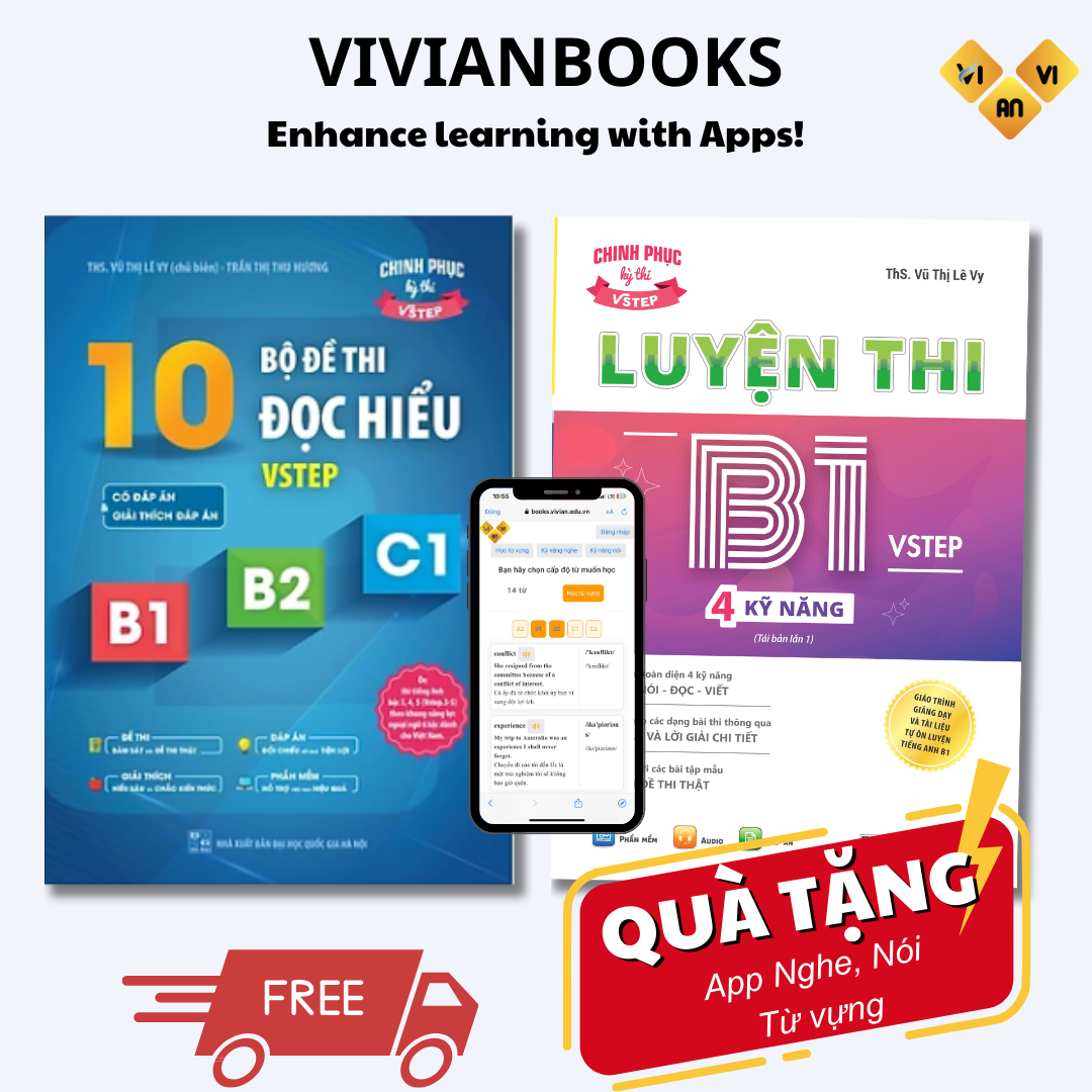 Combo sách - luyện thi b1 vstep 4 kỹ năng + 10 bộ đề thi đọc hiểu vstep b1-b2-c1 ôn thi chứng chỉ tiếng anh bậc 3, 4, 5 bằng b1, b2, c1 tiếng anh| vstep reading|vivian