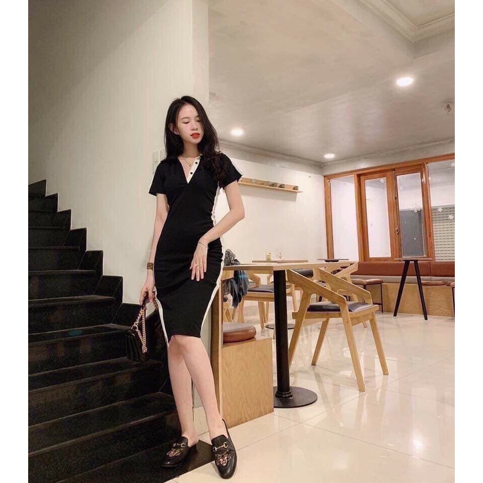 Đầm body sọc trắng