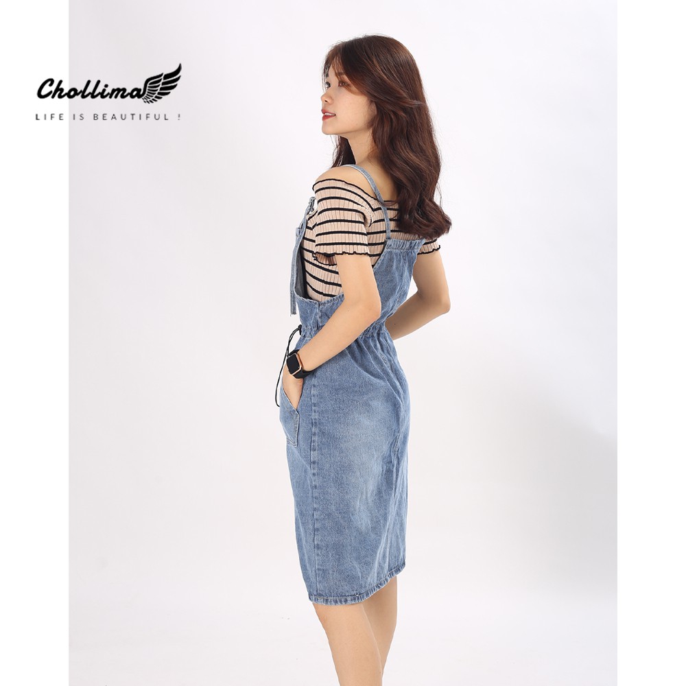 Yếm váy jean nữ form dài qua gối,Yếm váy nữ chất bò xanh, rút dây eo mẫu mới Thuydieushop97 yv1