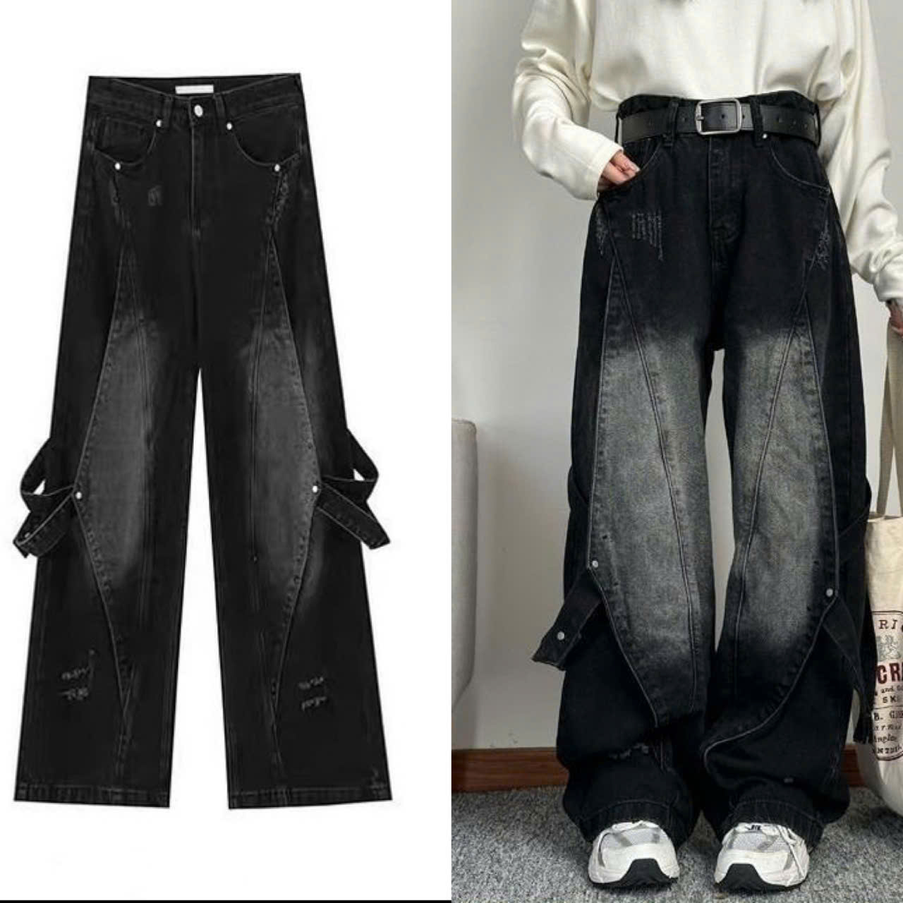 QUẦN JEANS NAM NỮ UNISEX CHẤT BÒ ỐNG RỘNG SUÔNG VẢI MIẾNG XỎ DÂY CAO CẤP HOT TREND - TOKYO FASHION
