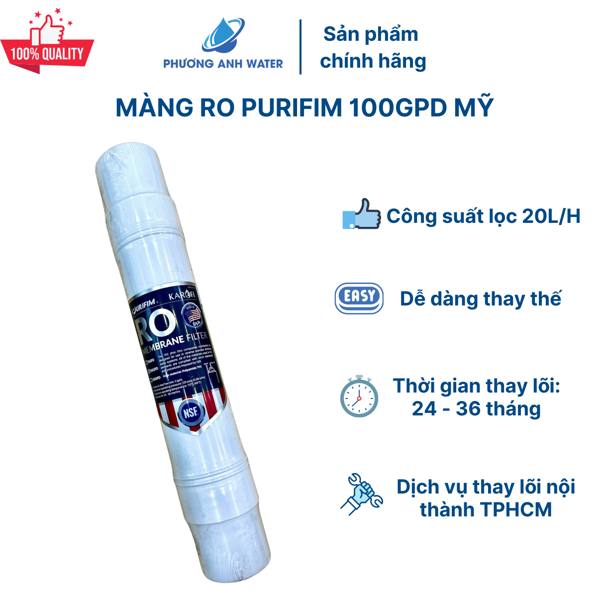 Lõi ro đúc nối nhanh chính hãng karofi - lõi ro 100gpd purifim mỹ, lõi ro 100gpd hàn quốc, lõi ro 50gpd filmtec