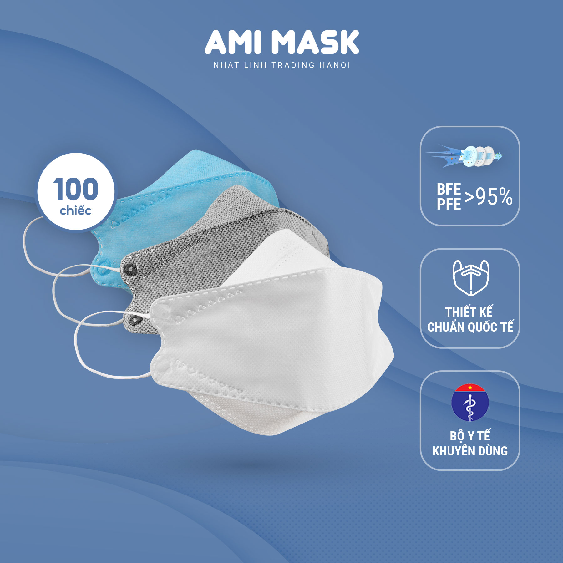 [30-100 chiếc] Khẩu trang y tế AMI KF94 Mask 4 lớp, kiểu dáng khẩu trang KF94 ôm gọn kháng khuẩn, chống bụi mịn