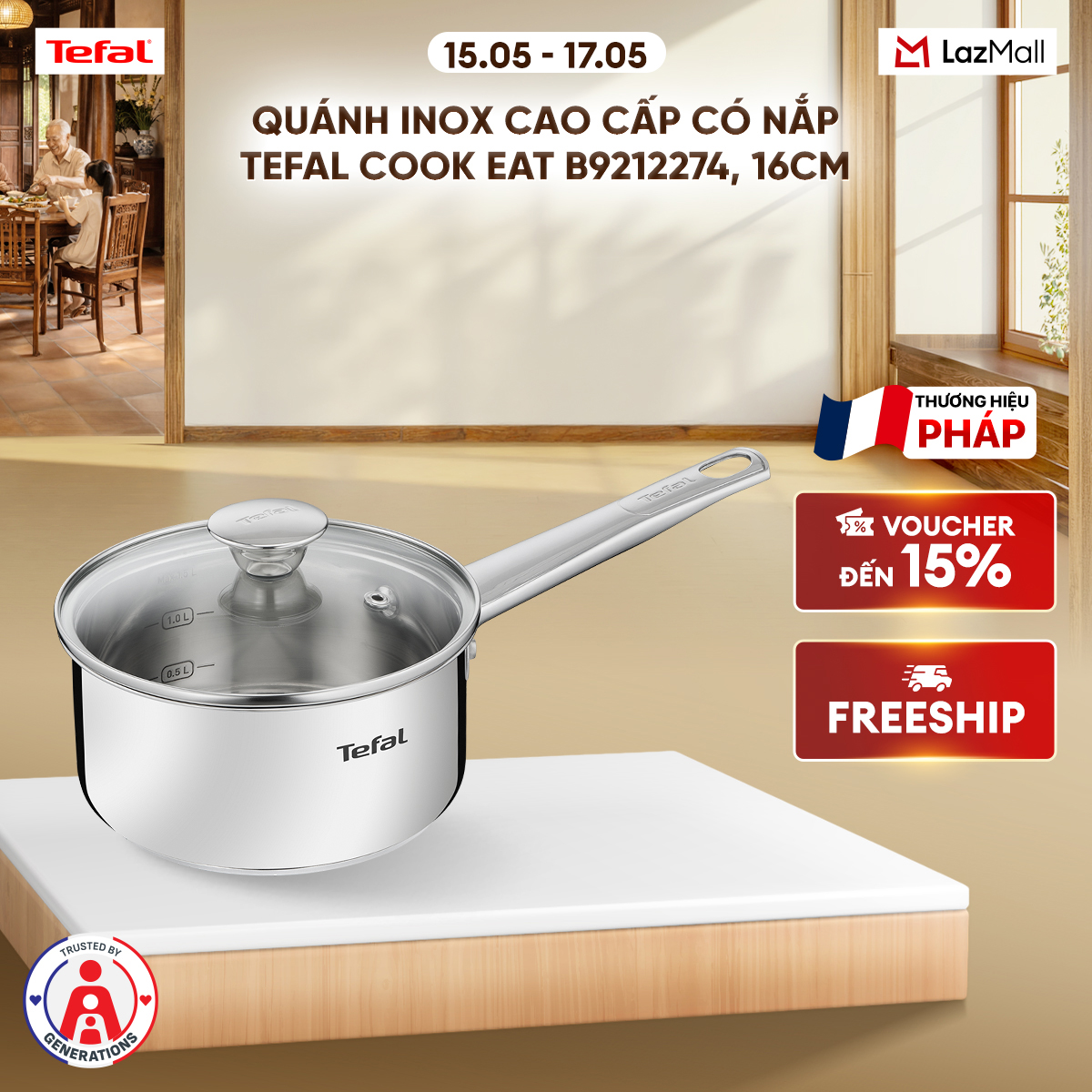 Quánh Inox cao cấp có nắp Tefal Cook Eat B9212274, 16cm