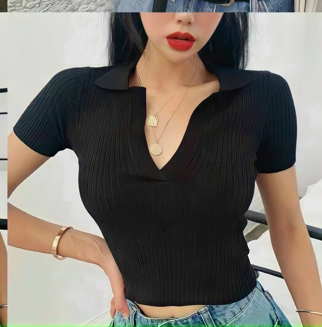 Áo croptop trơn cổ V sâu thun gân GONGZU phong cách croptop tay ngắn basic từ 48kg màu đen, trắng, xanh