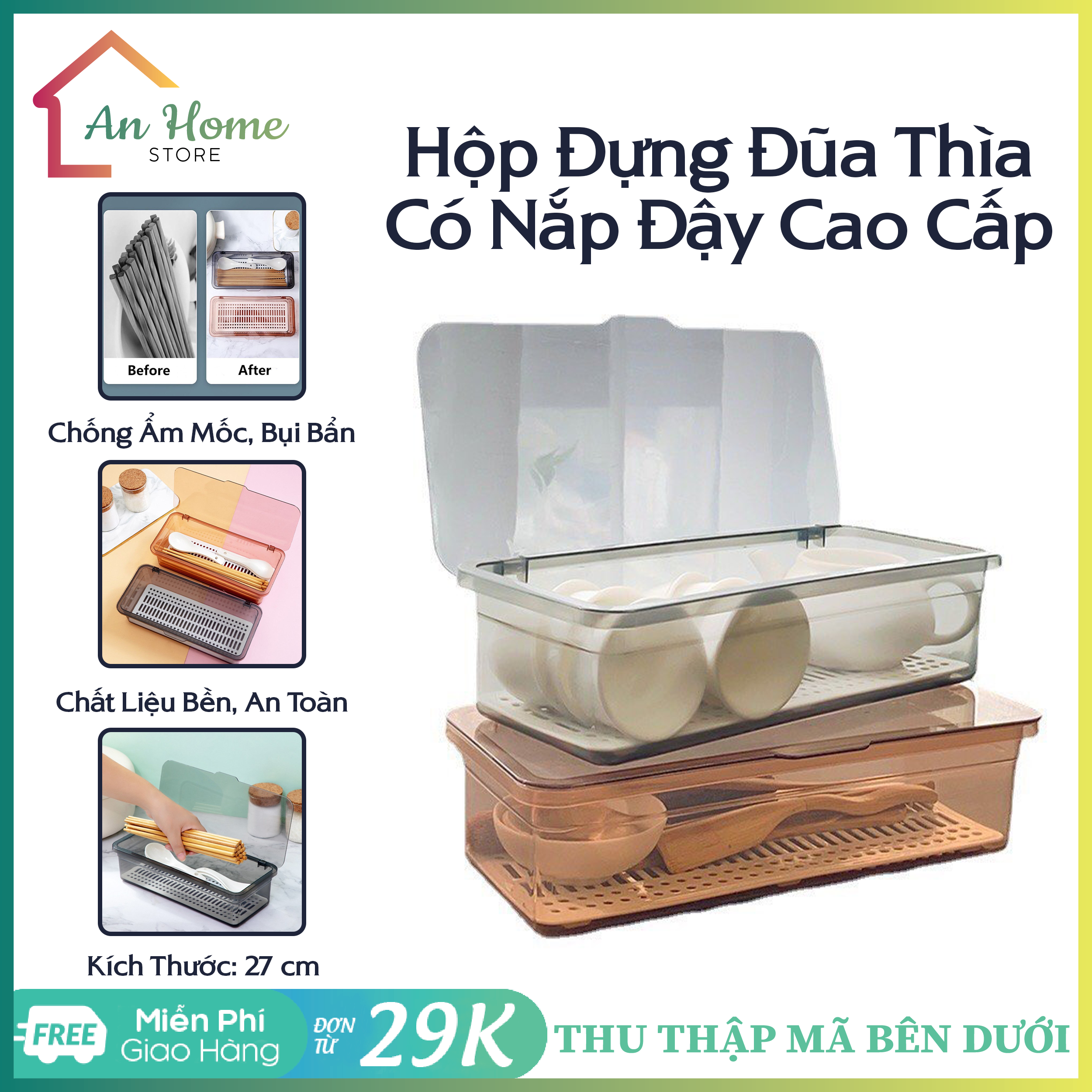 Hộp đựng đũa thìa sợi tre cao cấp có nắp đậy anhome, hộp đựng đũa thìa nhựa chopstick đa năng hiện đại