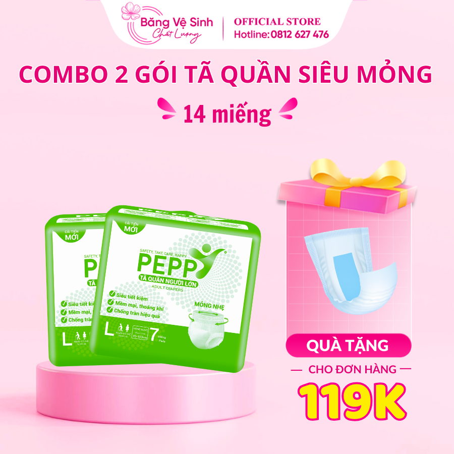 Combo 2 gói Tã bỉm quần người già siêu mỏng, kháng khuẩn Peppy Size M8,L7,XL7 miếng