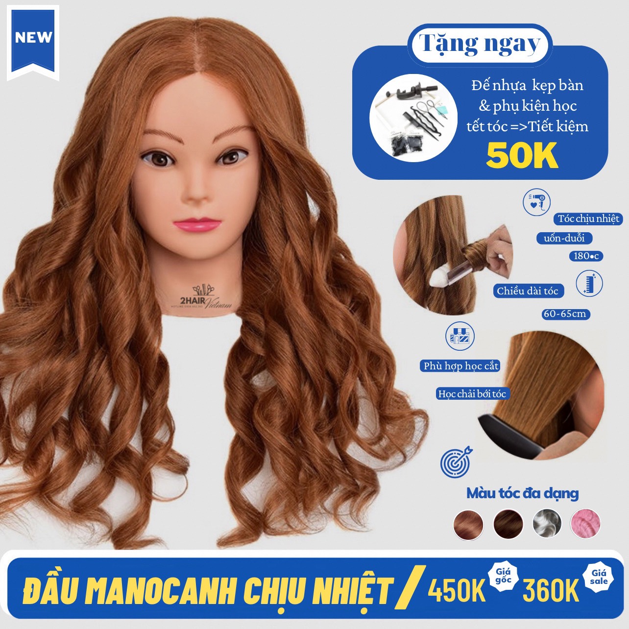 Đầu manocanh chịu nhiệt học trang điểm canh silicon 60% tóc thật ken cắt tóc vn-06