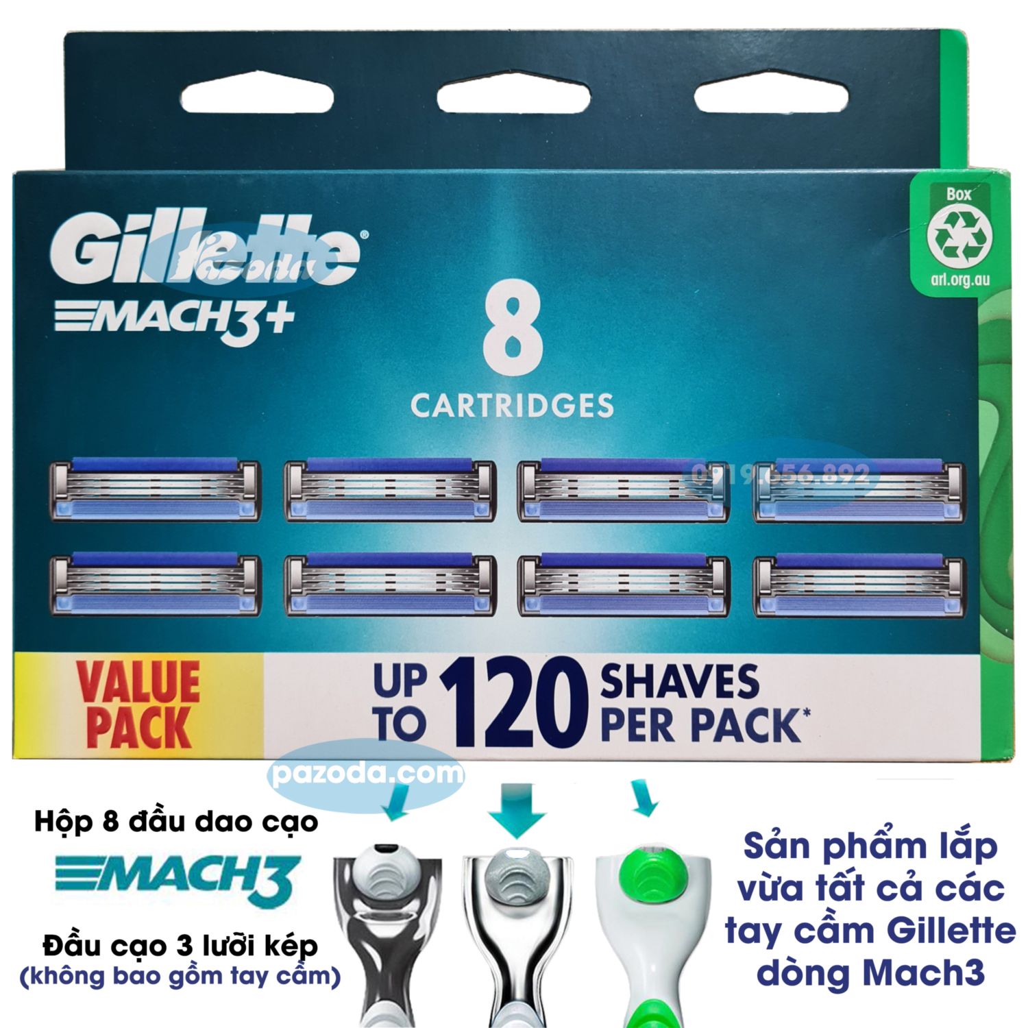 Hộp 8 lưỡi dao cạo râu Gillette Mach 3 ( đầu cạo 3 lưỡi kép)