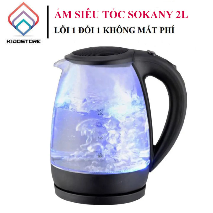 Ấm siêu tốc trong suốt SOKANY 2 lít xoay 360 độ có lưới lọc chống trào nước khi sôi [ CÓ VIDEO CHI TIẾT ]