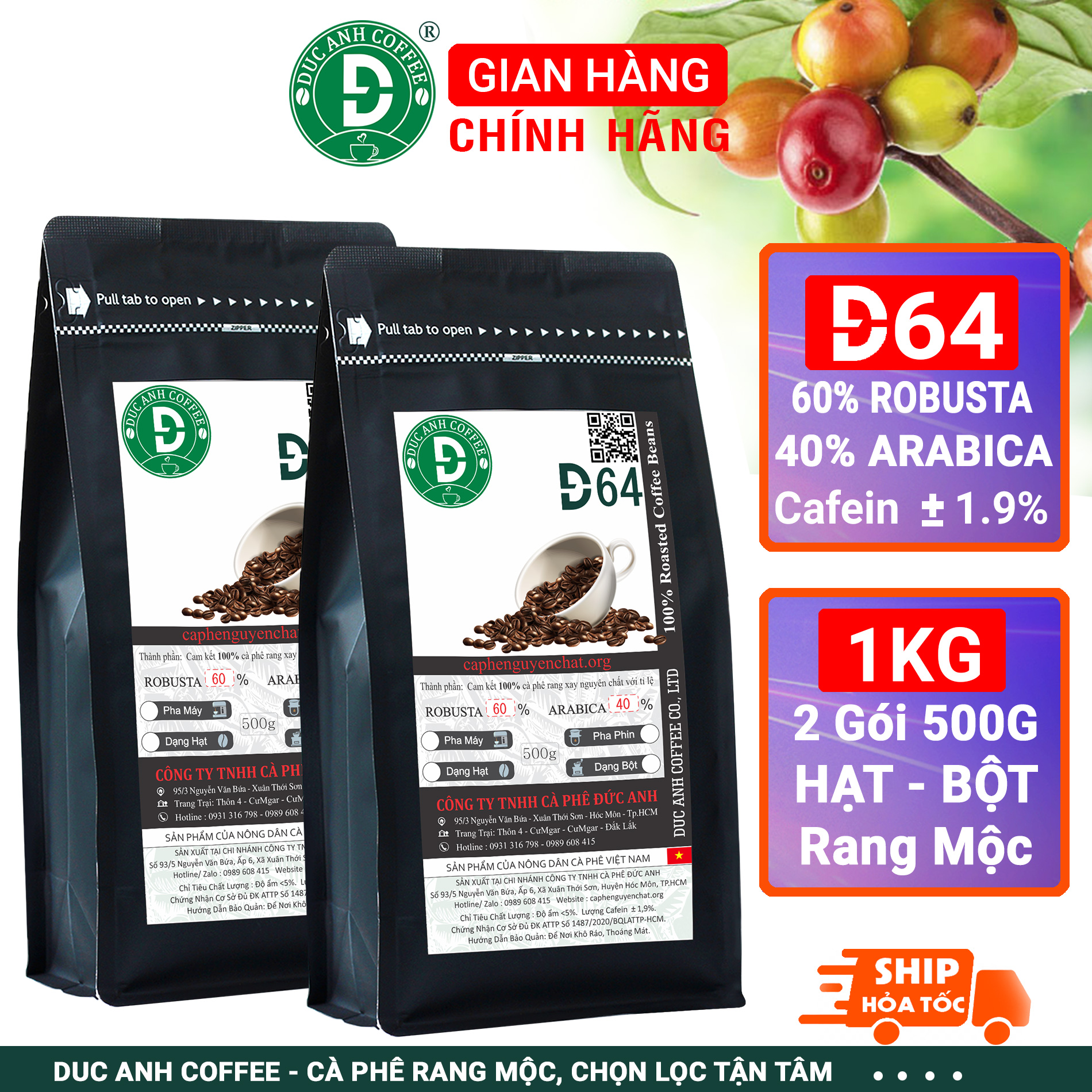 1kg Cà Phê DUC ANH COFFEE D64 (60% Robusta +40% Arabica) - Nguyên Chất Rang Mộc Dùng Pha Phin, Pha Máy Hạt, Bột Tùy Chọn - Cafein 1,9% Thơm nhiều - Chua Nhẹ - Giao Hàng Nhanh - Bán Hàng Trực Tiếp Từ Nông Trại - Cà Phê Đức Anh - flash sale