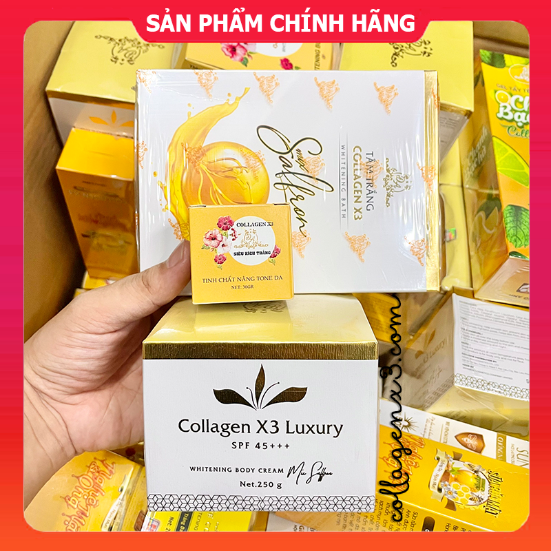 [Chính hãng] Combo Kem Body Đông Anh Collagen X3 Luxury + Kích Trắng Colagen X3 + Tắm Trắng Saffron Collagen X3 - Mỹ Phẩm Đông Anh