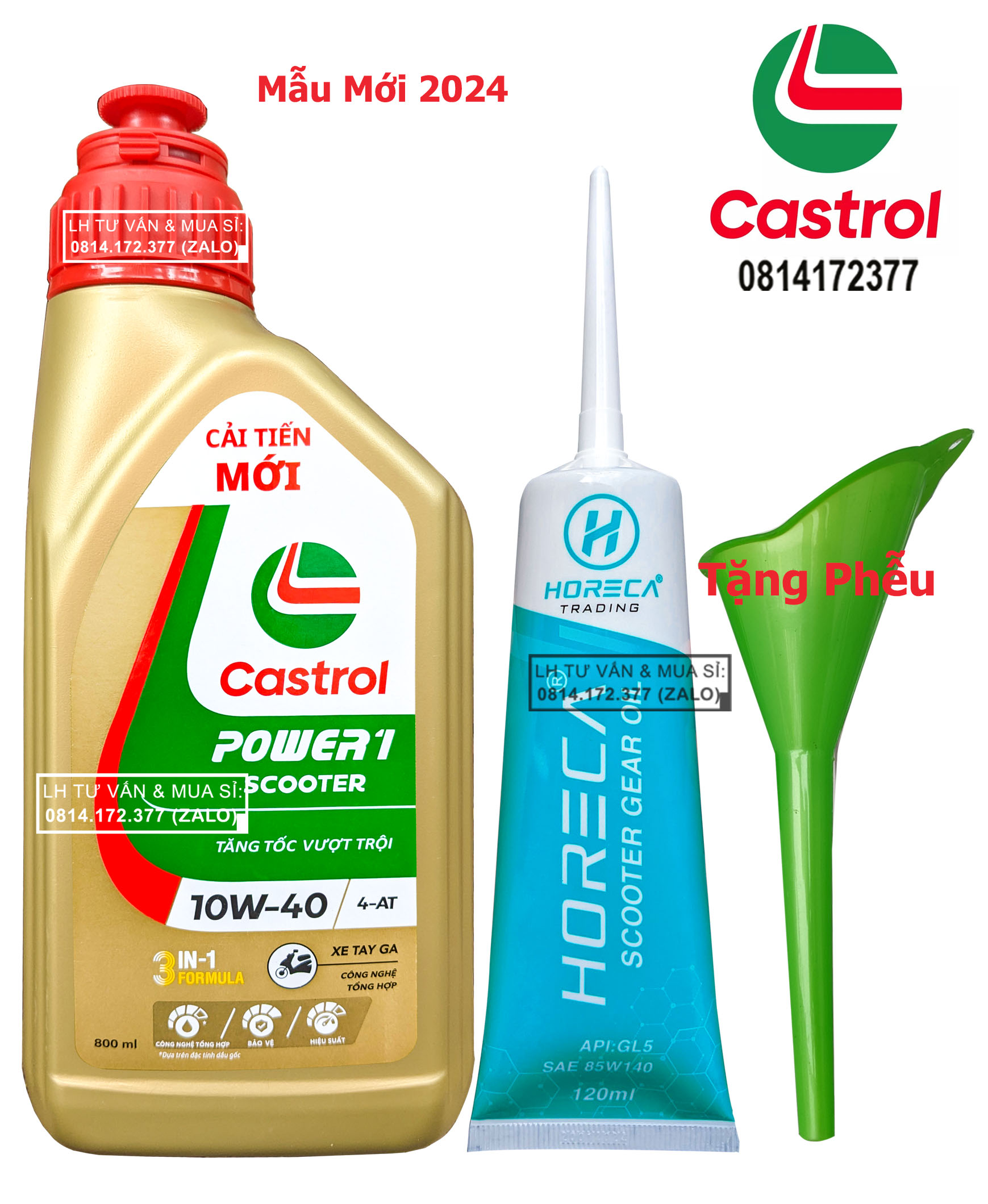 Bộ combo nhớt tổng hợp tay ga Castrol Power-1 Scooter 10w40 800ml ( 0.8L ) + Nhớt lap Tay Ga 85w140 + Tặng phễu châm nhớt