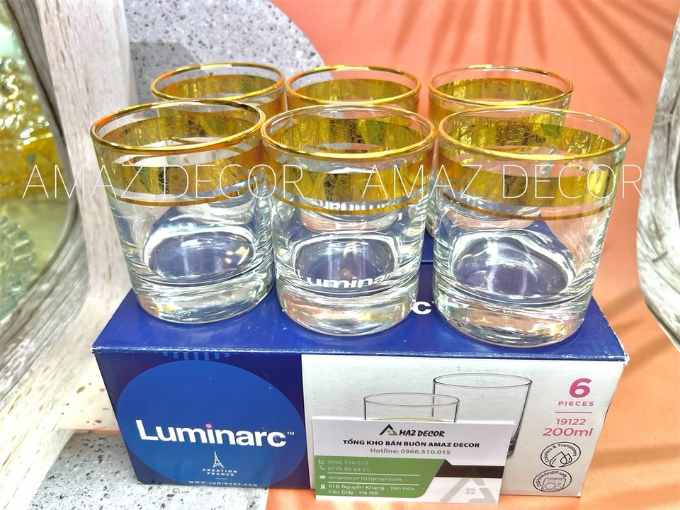 Thủy tinh tiệp bộ 6 ly cốc thủy tinh cao cấp chịu nhiệt luminarc 19122 200ml họa tiết khảm vàng độc lạ đáo sang trọng