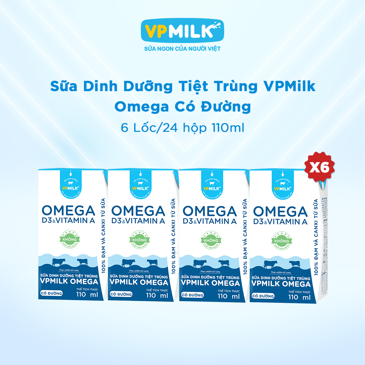 [6 lốc 110ml] Sữa Dinh Dưỡng Tiệt Trùng VPMilk Omega CÓ ĐƯỜNG dạng hộp 110ml cho bé trên 1 tuổi (4 hộp x 6)
