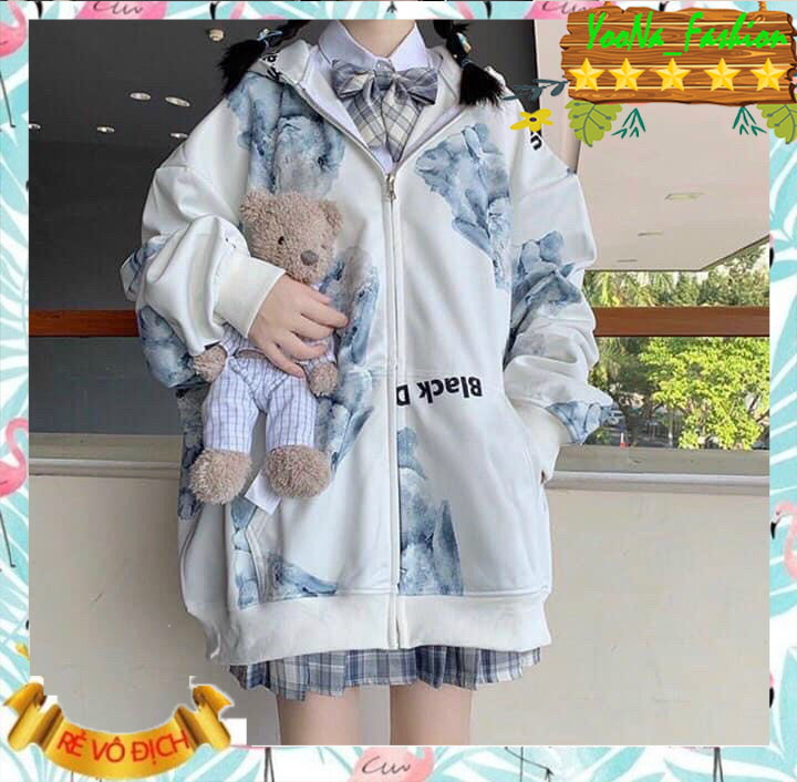 [HCM]Áo Hoodie Form Rộng Dài 2 Túi Lớn Kèm Nón Rộng in Hình Chú Thỏ Siêu Cute.Tp