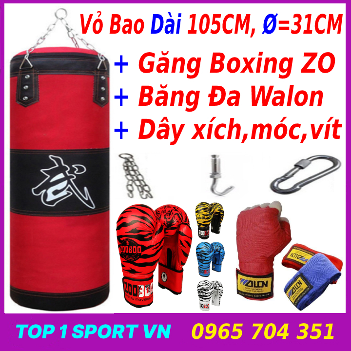 Vỏ Bao Cát Đấm Bốc Boxing 3 lớp dài 105cm, Ø=31cm + Găng Tay Boxing Zooboo + băng đa - Thiết bị võ thuật chuyên nghiệp bảo hành 6 tháng dành cho phòng tập