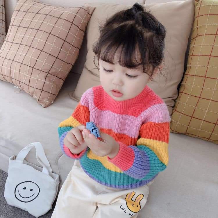 Áo len cho bé gái họa tiết cầu vồng nhiều màu sắc phong cách hàn quốc dễ thương - áo len cổ tròn cho bé yêu - alb01