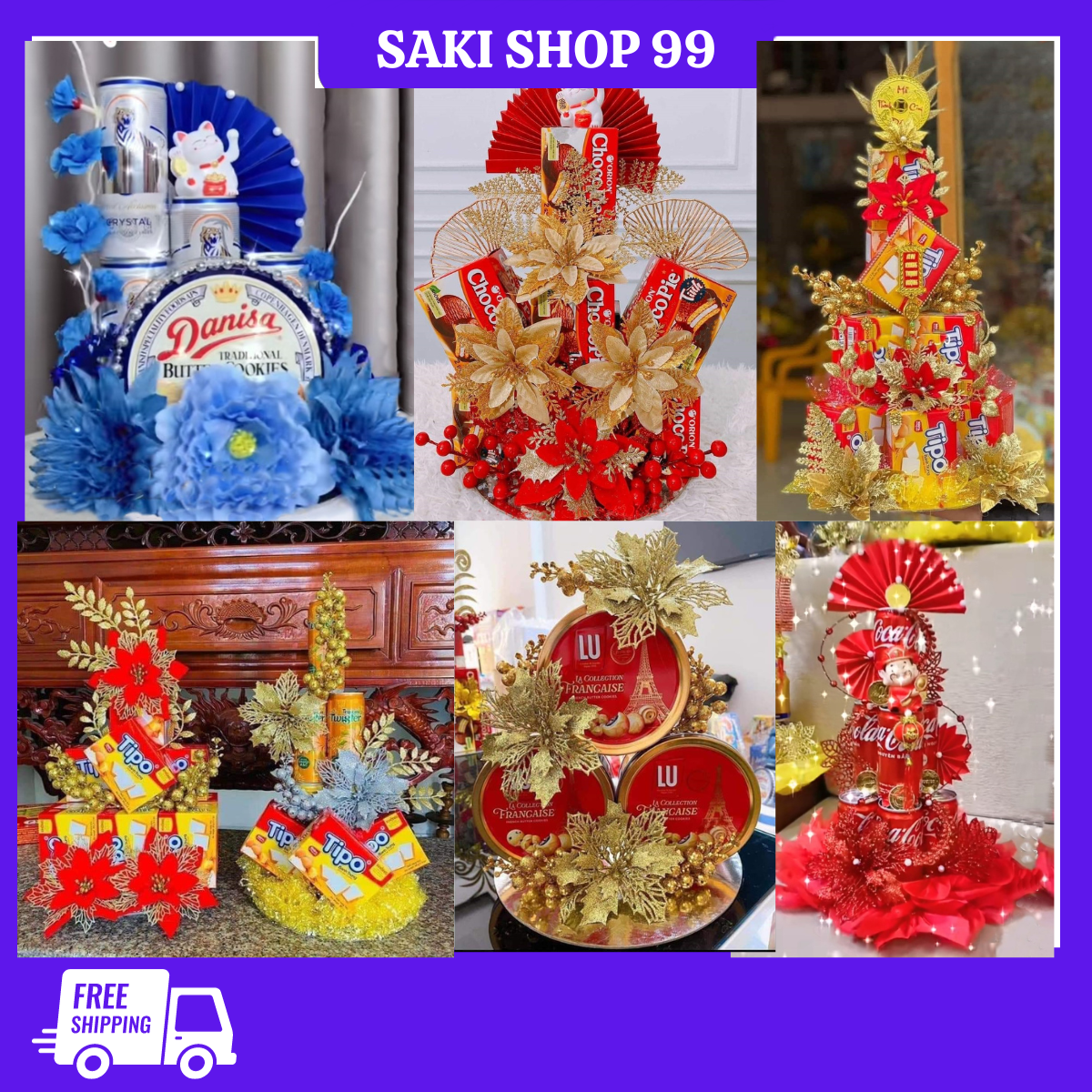 Set hoa phụ kiện trang trí tháp bánh, tháp nước, oản thần tài, làm giỏ quà tết, tặng kèm 1 thanh keo nến 7mm x 25cm