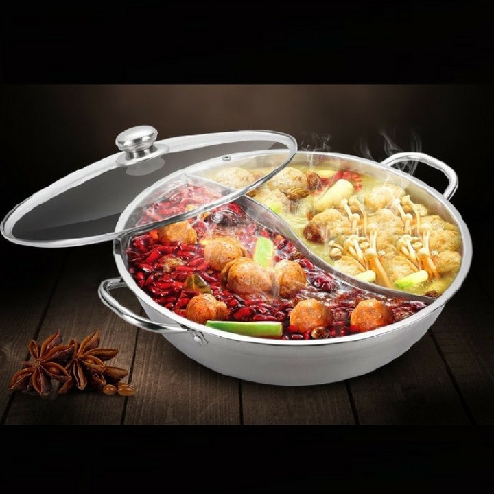 Nồi lẩu inox 2 ngăn hotpot, nồi lẩu 2 ngăn tiện lợi dùng cho mọi loại bếp, nồi lẩu thép không gỉ 2 ngăn siêu bền nắp kính.