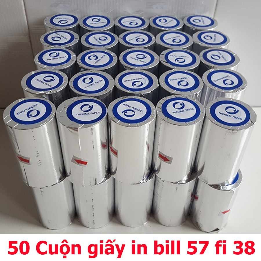 50 Cuộn Giấy in nhiệt k57 x 38 - Giấy in bill K57 bọc bạc cho máy tính tiền cầm tay ,máy cà thẻ, Pos cầm tay.