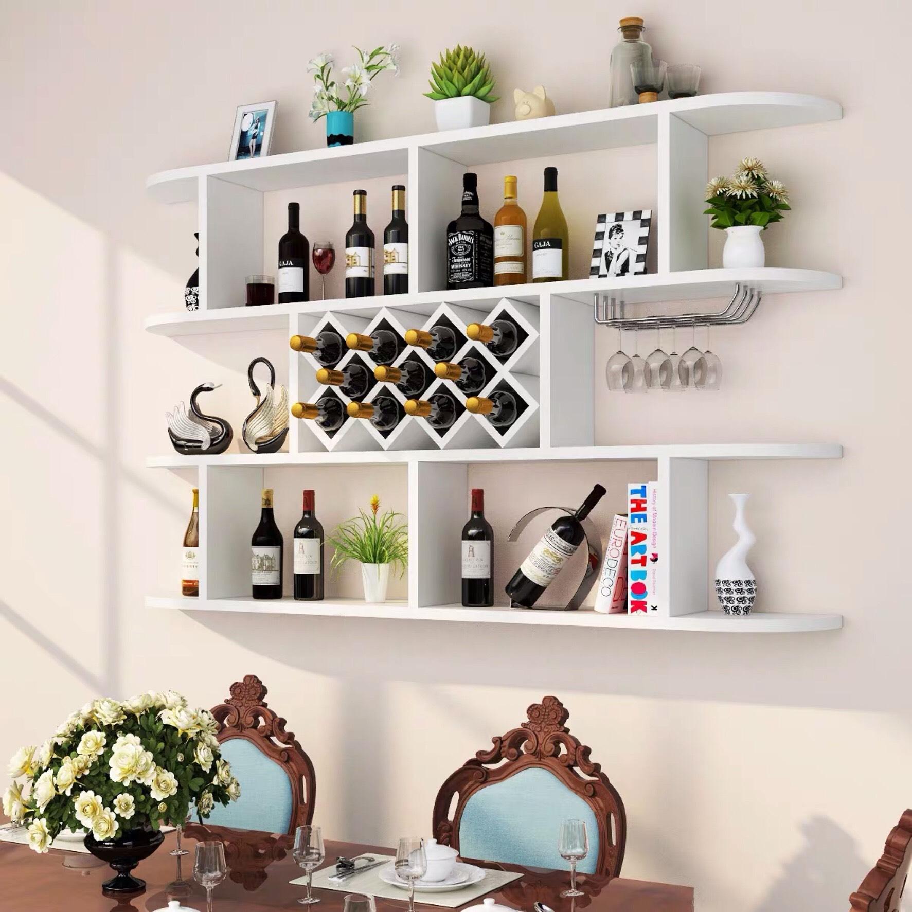 KỆ RƯỢU TREO TƯỜNG 4 TẦNG RỘNG 1M6 - MÀU TRẮNG - ĐỒ GỖ NHÀ TÔI