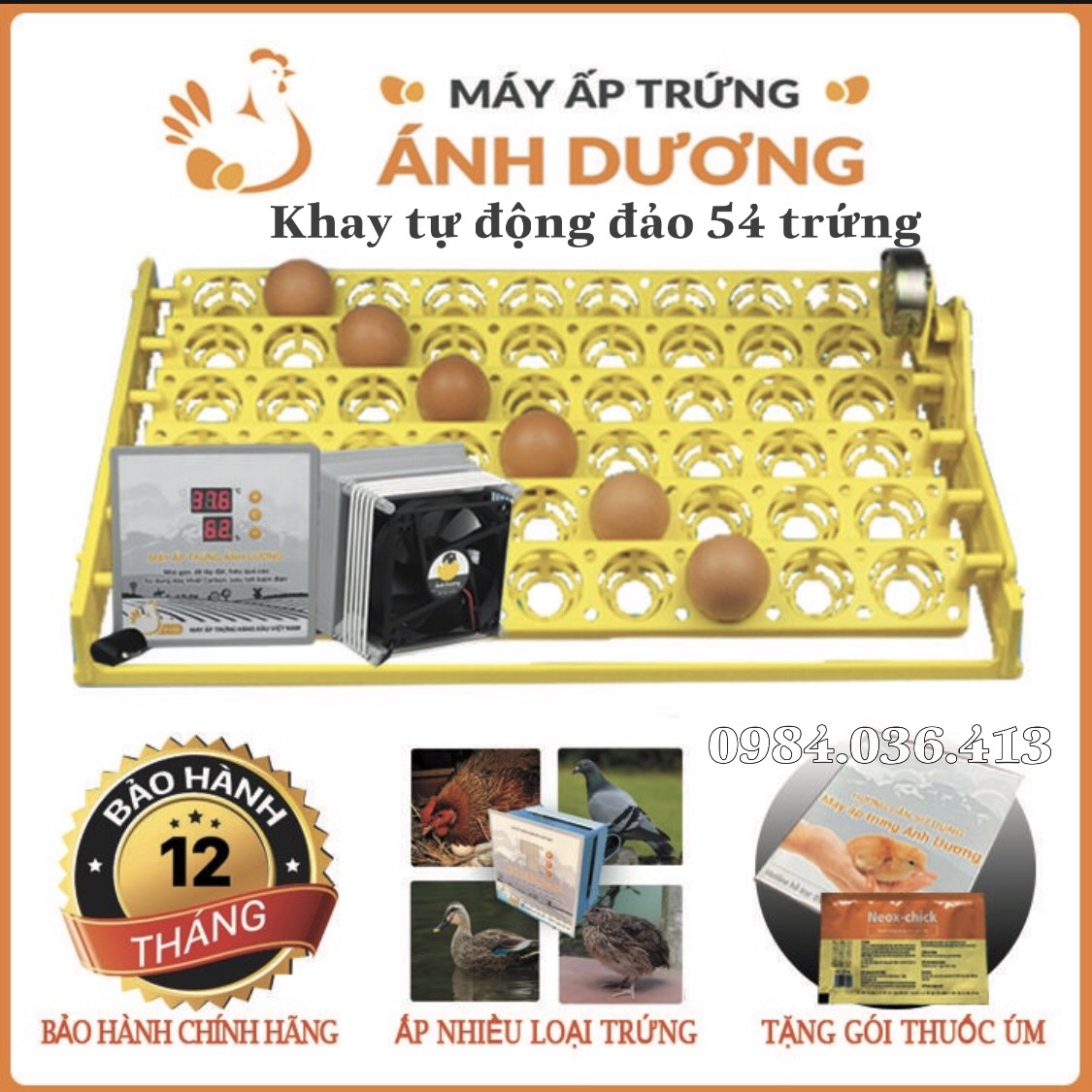 Máy ấp trứng mini Ánh Dương P100 kèm Khay Đảo Tự Động 54 trứng ấp trứng Gà trứng Vịt. Có sách hướng dẫn và gói úm gà