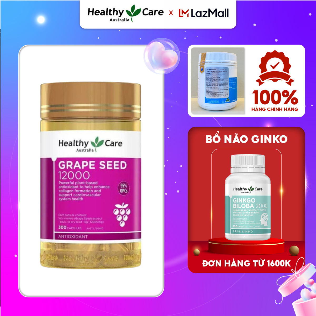 Viên uống Tinh chất hạt nho Healthy Care Grape Seed 12000 300 viên