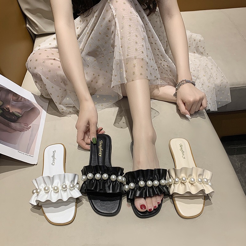 dép nữ da nhún bèo đính ngọc cực đẹp kèm ảnh thật - - Tamiuy FASHION