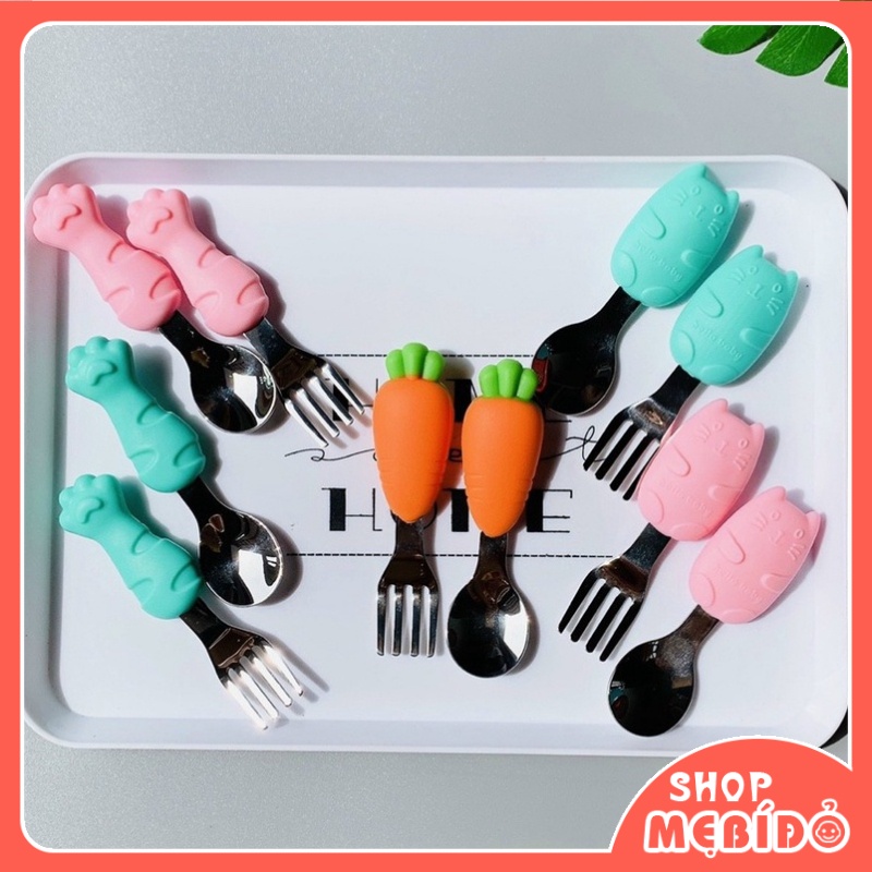 Bộ thìa nĩa tập xúc cán ngắn inox cao cấp baby about cho bé chất lượng cao shop mẹ bí đỏ at13