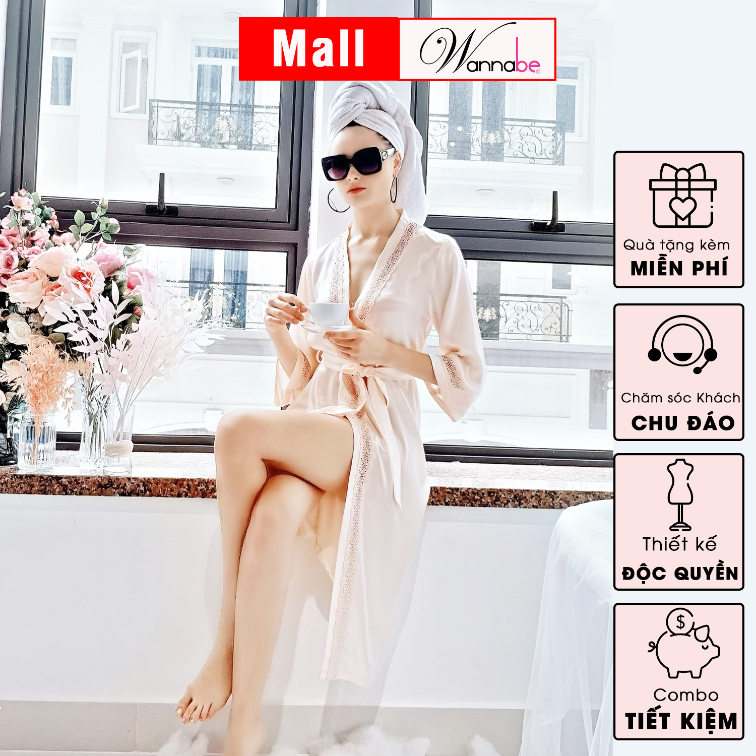 Áo choàng ngủ phi lụa Kimono Wannabe KIS11 dáng dài, viền đăng ren hoa sang trọng quý phái
