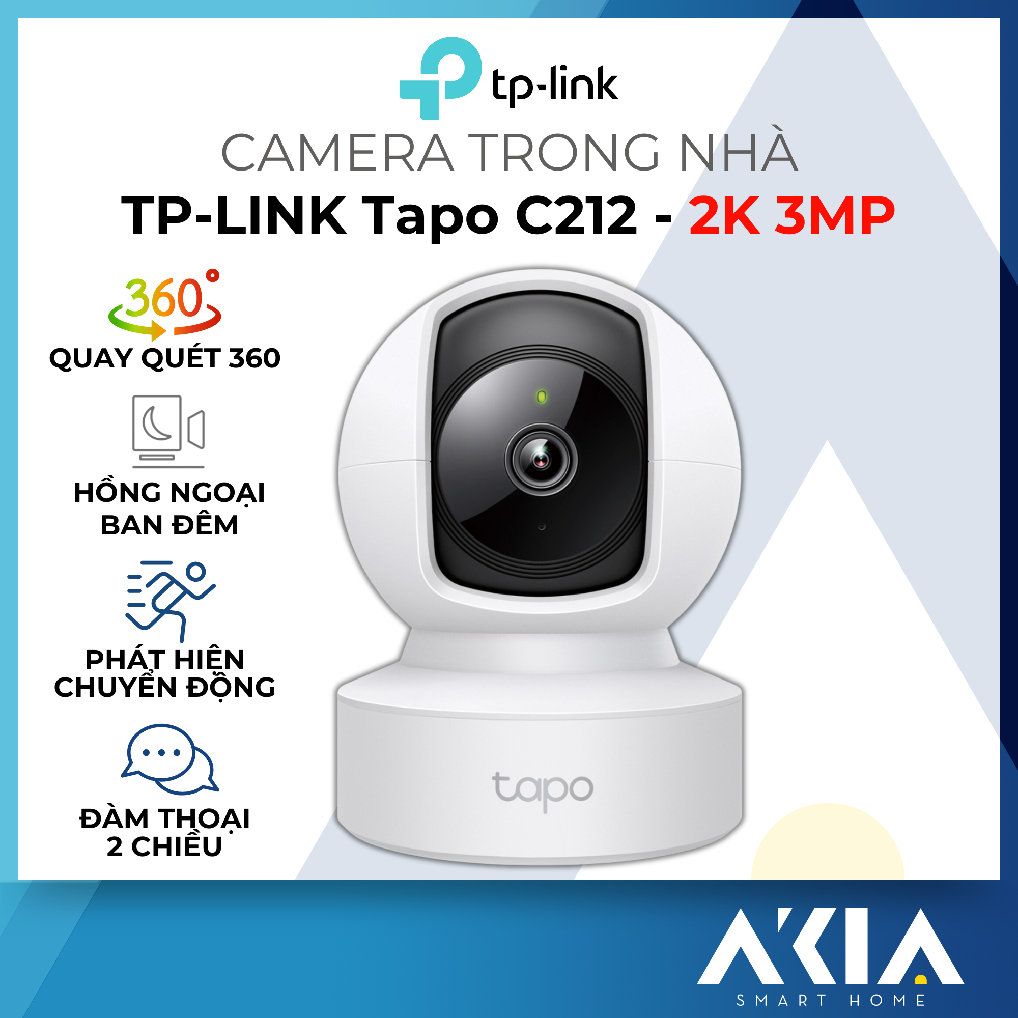 Camera wifi trong nhà TP-Link Tapo C212, 2K - 3MP, quay quét 360 độ, đàm thoại 2 chiều, theo dõi chuyển động