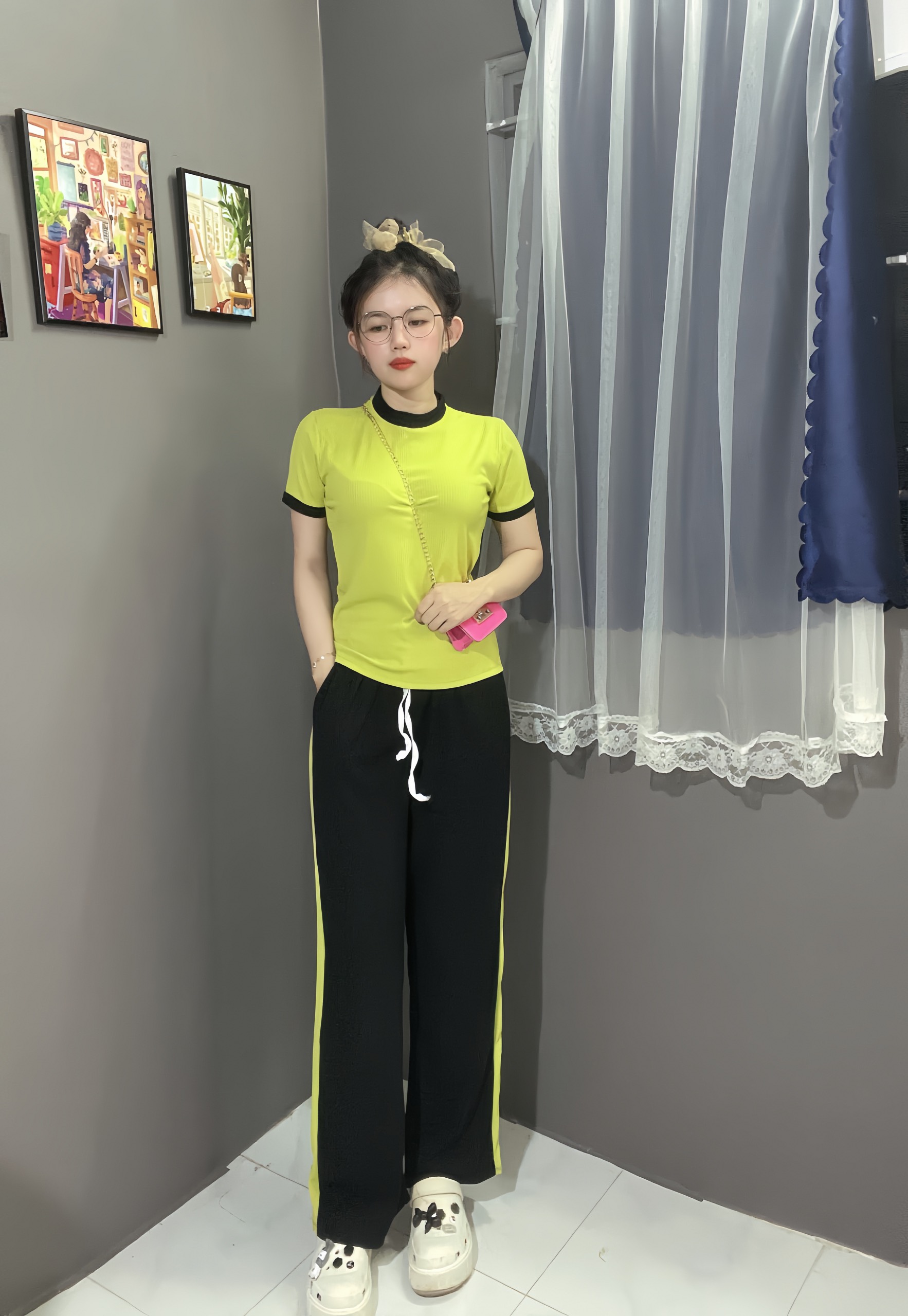 Set bộ ống rộng thun gân , áo thun ôm co giản 4 chiều cực xinh